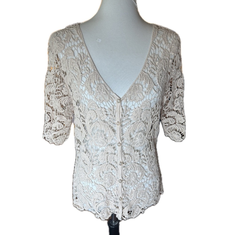Vintage Beige Crochet Lace Cardigan Short Sleeve Button Front Floral Knit Top
